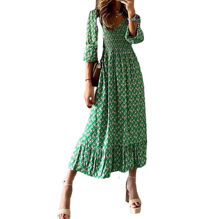 Women's Floral Midi Dresses 2025 Summer Cap Sleeve Smocked Ruffle A Line Long Flowy Wedding Guest Dress