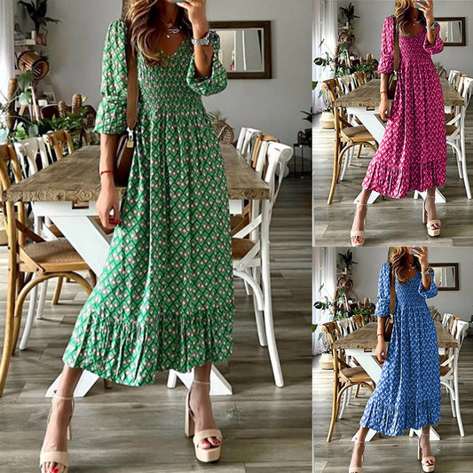 Women's Floral Midi Dresses 2025 Summer Cap Sleeve Smocked Ruffle A Line Long Flowy Wedding Guest Dress