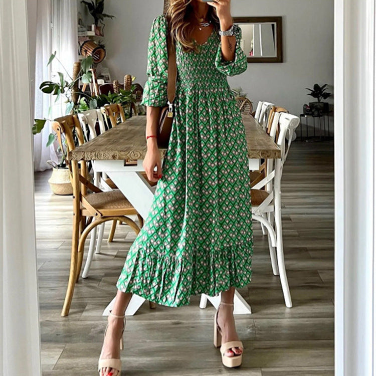 Women's Floral Midi Dresses 2025 Summer Cap Sleeve Smocked Ruffle A Line Long Flowy Wedding Guest Dress